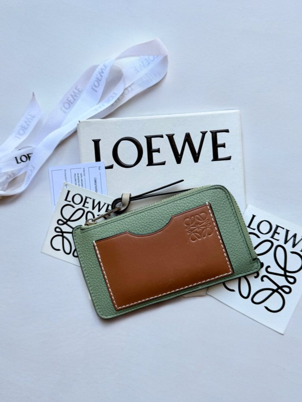 Loewe Anagram Rosemary Green Brown Leather Zip Cardholder